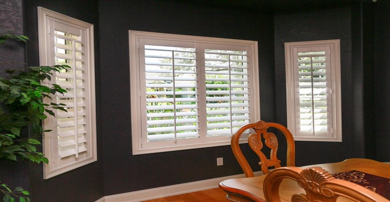 Beautiful Polywood Shutters In Dining Room With Dark Paint
