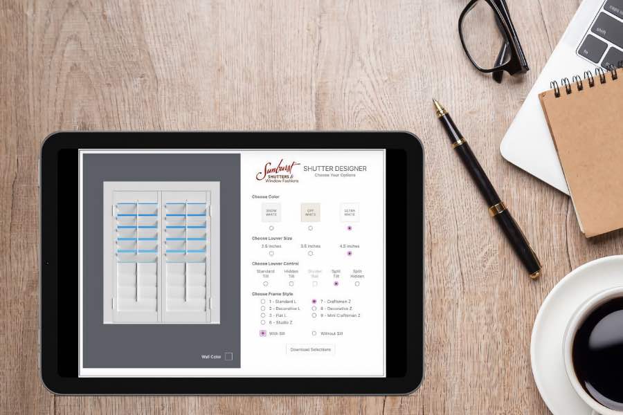 Sunburst Shutters' Shutter Designer shows you what your favorite combination of Polywood shutter features look like. Sunburst's Shutter Designer on the screen of a tablet on a desk