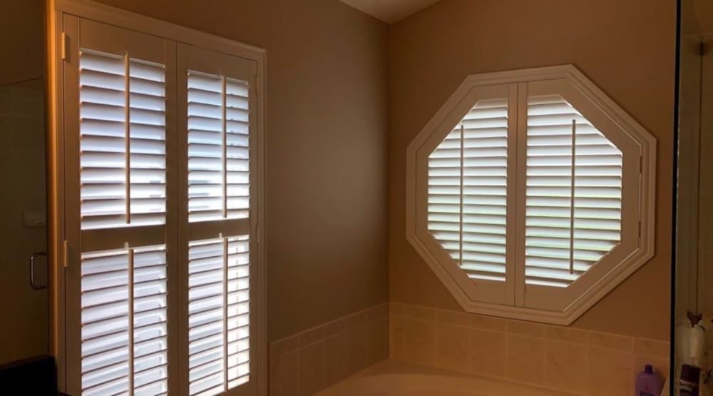 Octagon window treatments Octagon window in a Indianapolis bathroom