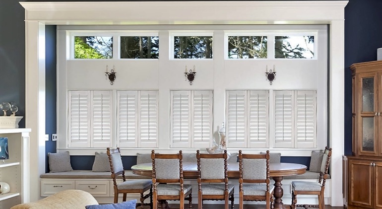 Indianapolis great room with shut plantation shutters.
